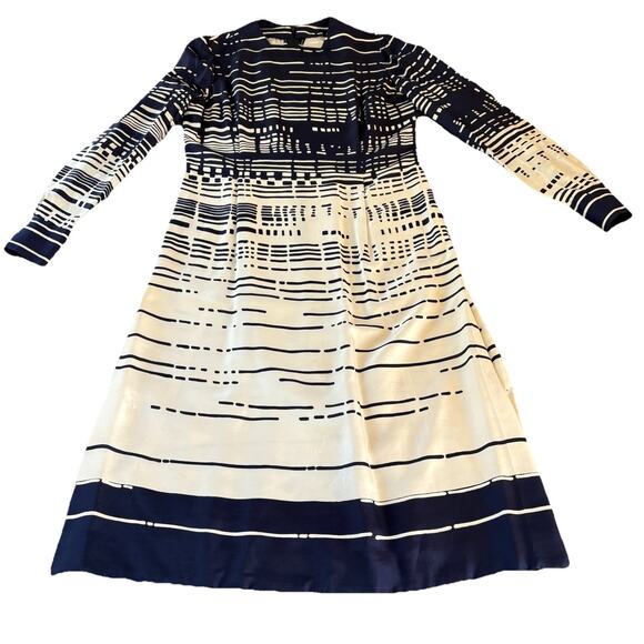 Vintage 80s Elizabeth Arden Navy Blue & White Silk Long Sleeve Midi Dress Sz 12 - Picture 8 of 16